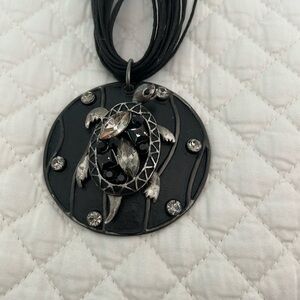 Statement Necklace Black Multi-Cord Black Metal Turtle Pendant